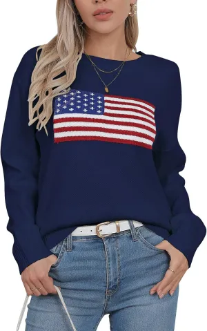 Alsol Lamesa Womens American Flag Graphic Sweater Patriotic Long Sleeve Pullover Sweaters Crew Neck Knit Tops