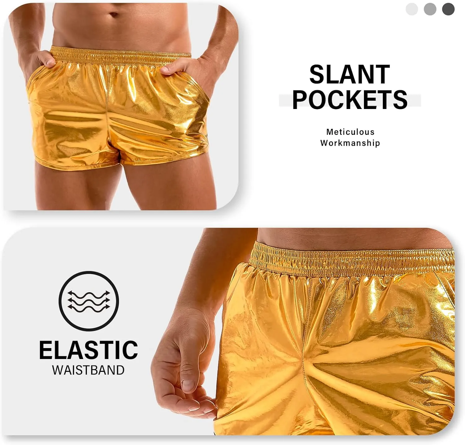 AMY COULEE Mens Metallic Shorts Sexy Shiny Sparkly Rave Outfit Holographic Booty Shorts with Pockets