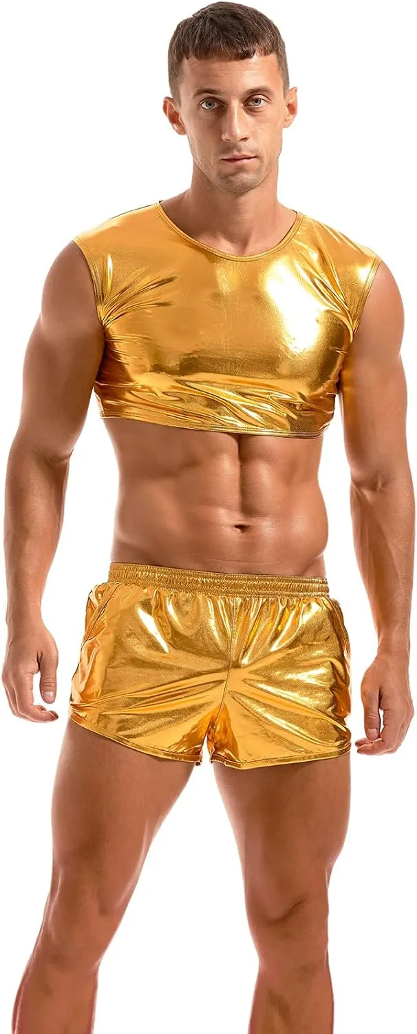 AMY COULEE Mens Metallic Shorts Sexy Shiny Sparkly Rave Outfit Holographic Booty Shorts with Pockets