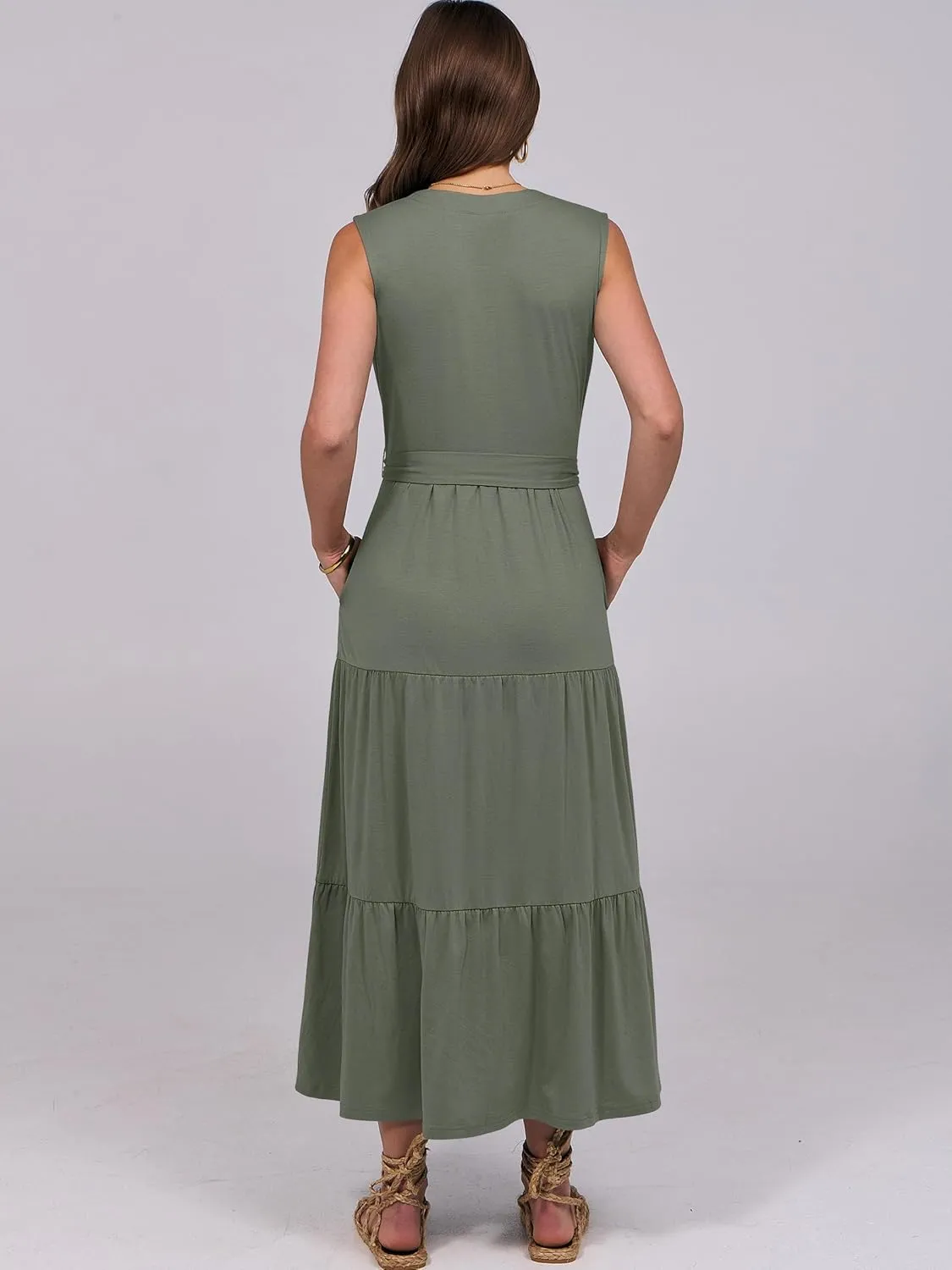 ANRABESS Womens Summer Casual Sleeveless V Neck Maxi Dress 2025 Spring Tie Waist A-Line Flowy Tiered Boho Long Beach Sundress