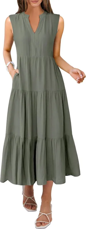 ANRABESS Womens Summer Casual Sleeveless V Neck Maxi Dress 2025 Spring Tie Waist A-Line Flowy Tiered Boho Long Beach Sundress