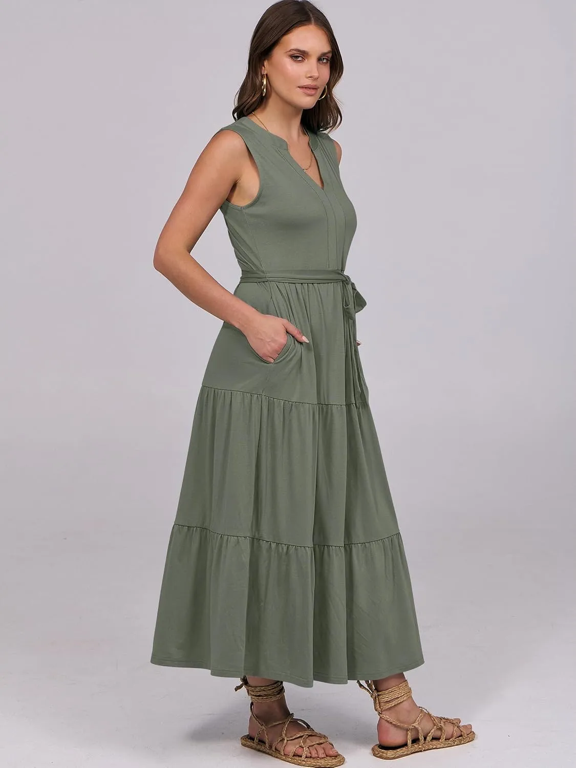 ANRABESS Womens Summer Casual Sleeveless V Neck Maxi Dress 2025 Spring Tie Waist A-Line Flowy Tiered Boho Long Beach Sundress