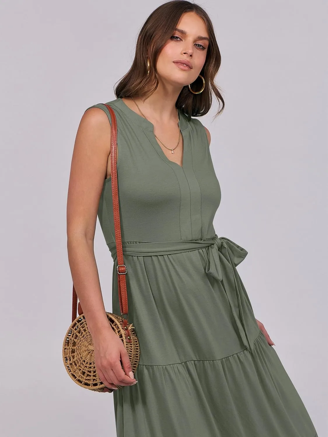ANRABESS Womens Summer Casual Sleeveless V Neck Maxi Dress 2025 Spring Tie Waist A-Line Flowy Tiered Boho Long Beach Sundress