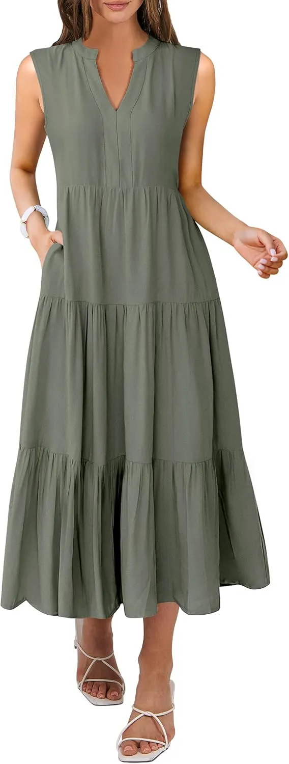 ANRABESS Womens Summer Casual Sleeveless V Neck Maxi Dress 2025 Spring Tie Waist A-Line Flowy Tiered Boho Long Beach Sundress