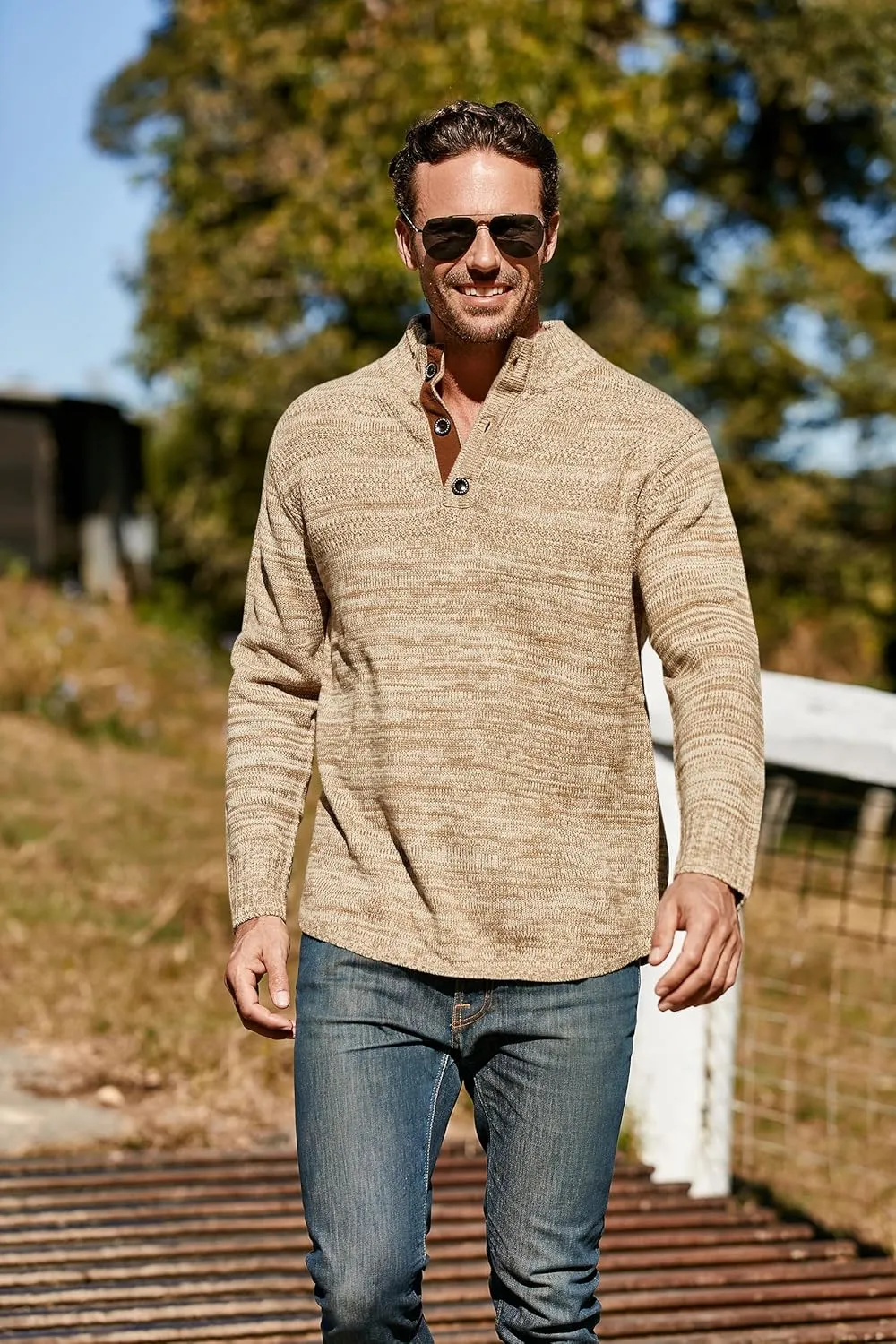 Aoysky Men's Stand Collar Sweater Thermal Button Pullover Sweater Tops Henley Knit Sweaters