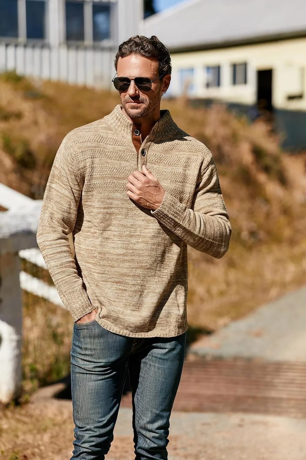 Aoysky Men's Stand Collar Sweater Thermal Button Pullover Sweater Tops Henley Knit Sweaters