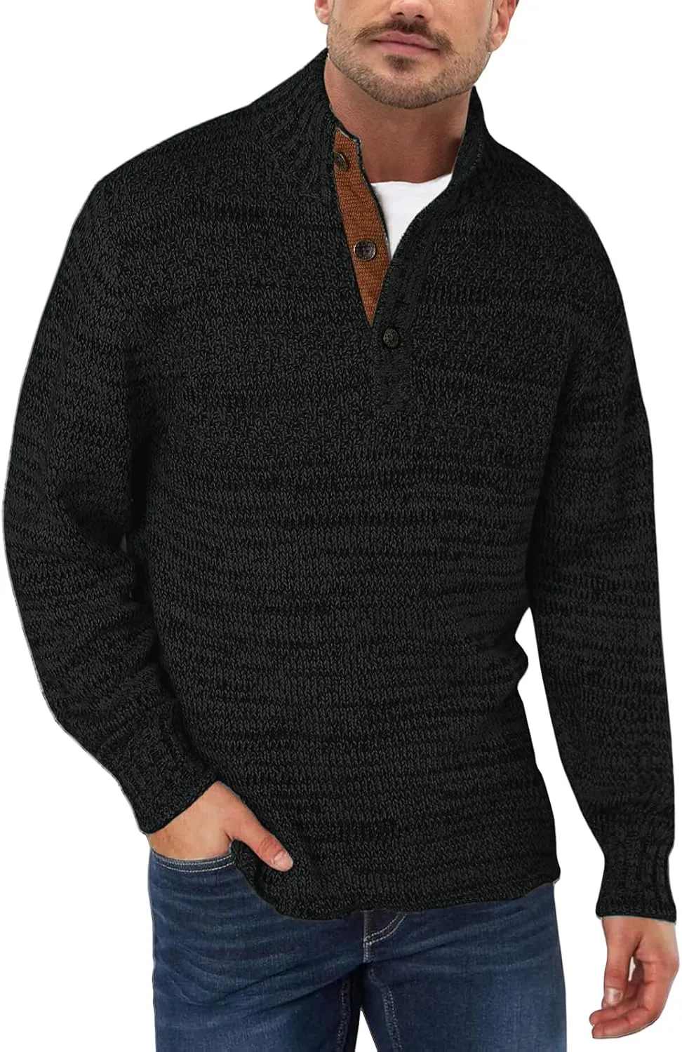 Aoysky Men's Stand Collar Sweater Thermal Button Pullover Sweater Tops Henley Knit Sweaters