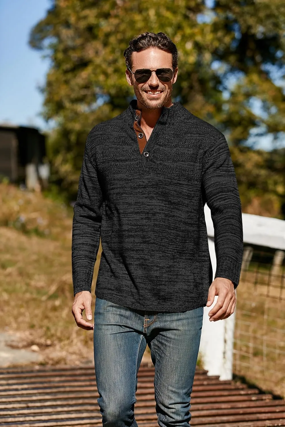 Aoysky Men's Stand Collar Sweater Thermal Button Pullover Sweater Tops Henley Knit Sweaters