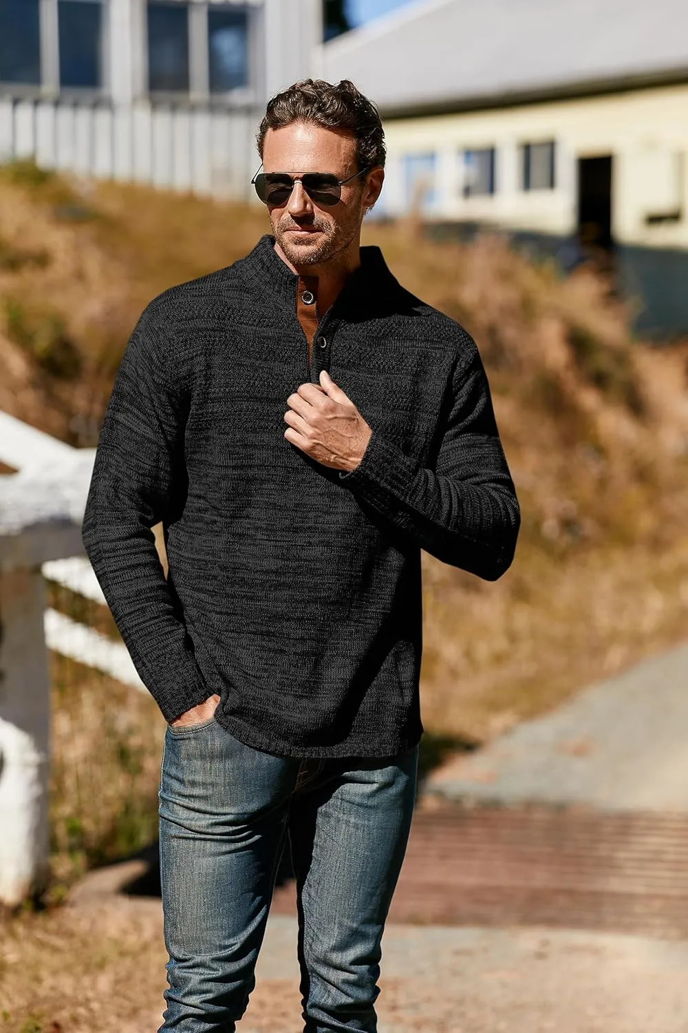 Aoysky Men's Stand Collar Sweater Thermal Button Pullover Sweater Tops Henley Knit Sweaters