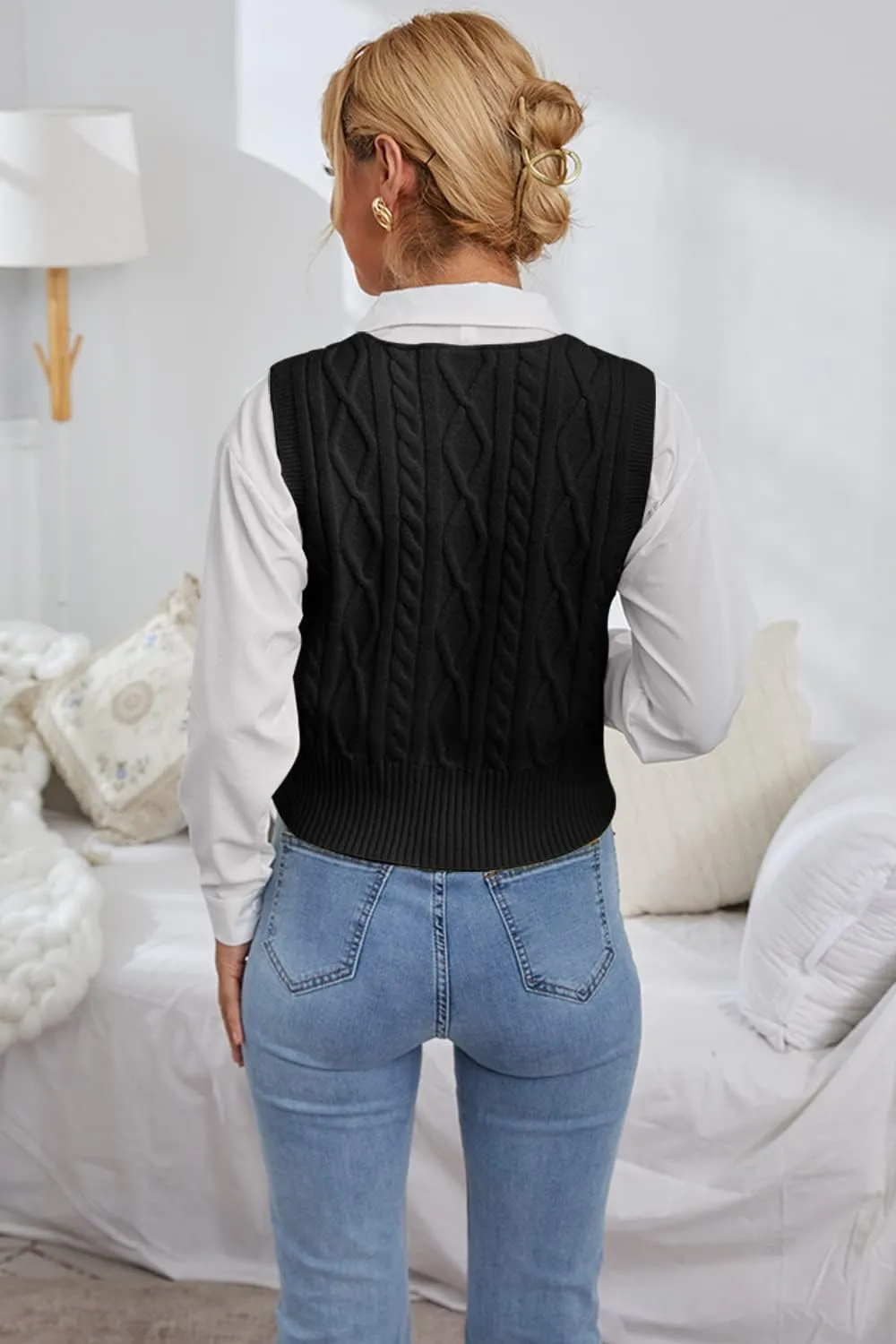 Aoysky Sweater Vest Women's V-Neck Sweater Tank Tops Pullover Cable Knit Vest Solid Color Sleeveless Loose Fit Sweater Top