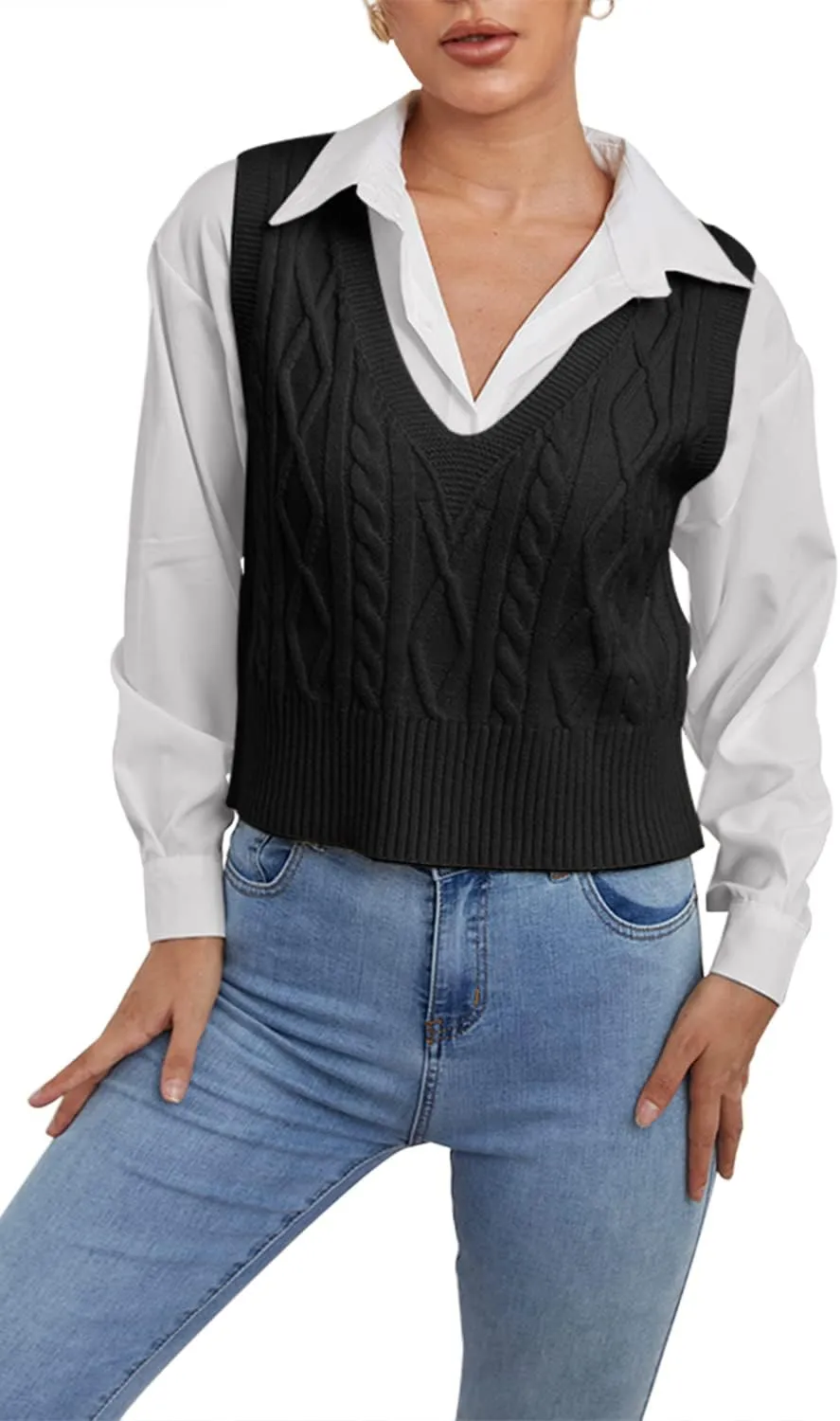 Aoysky Sweater Vest Women's V-Neck Sweater Tank Tops Pullover Cable Knit Vest Solid Color Sleeveless Loose Fit Sweater Top
