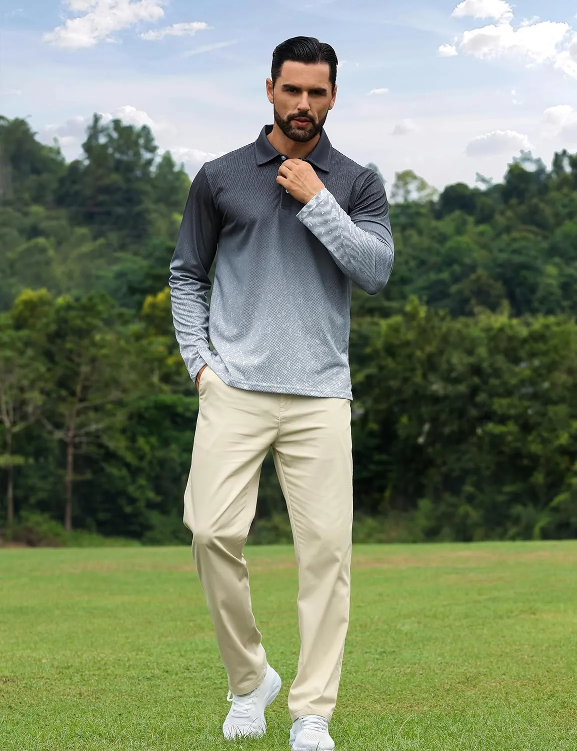 APTRO Long Sleeve Polo Shirts for Men Performance Golf Shirt Dry Fit Moisture Wicking Fashion Print T-Shirt