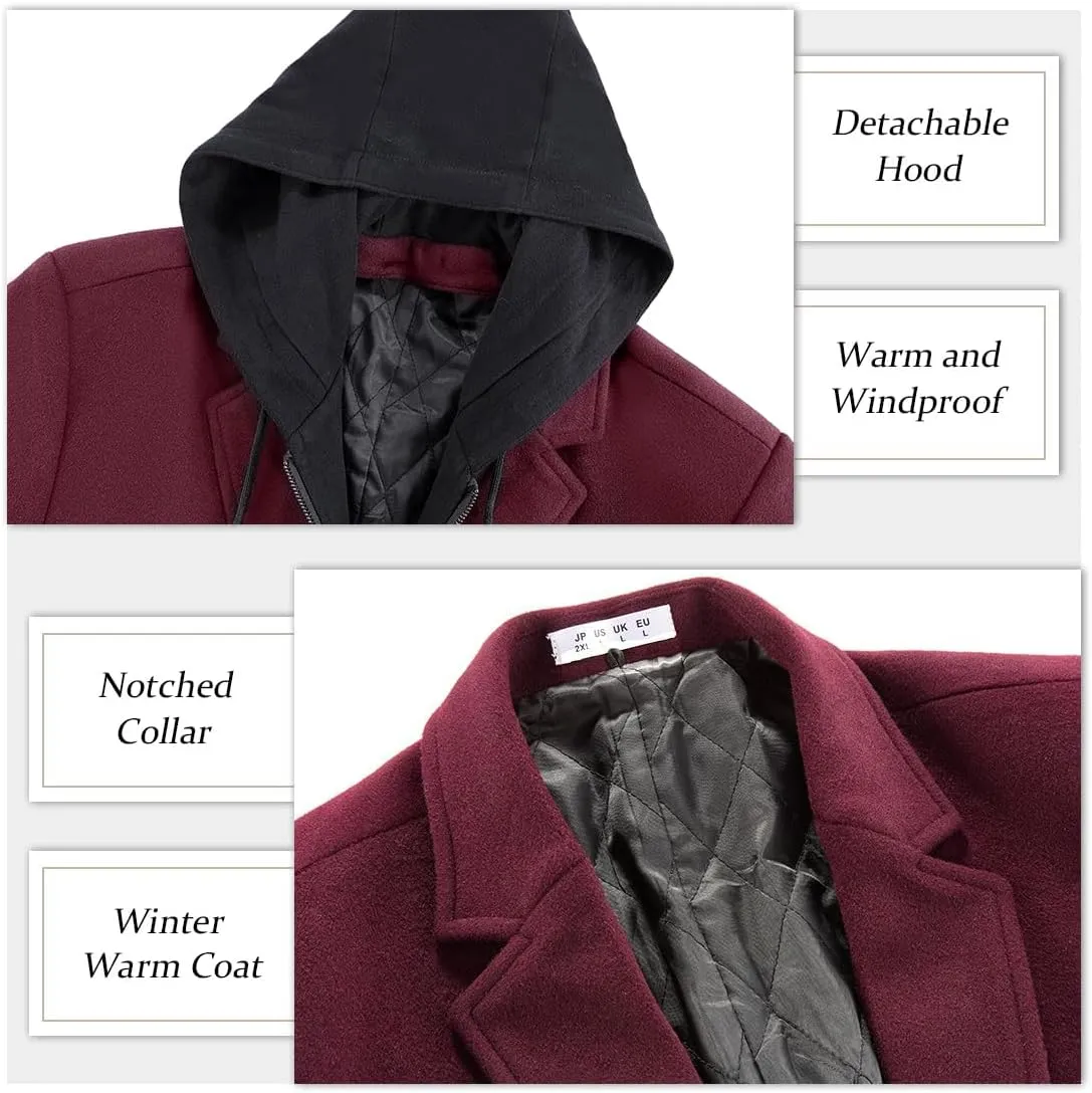 APTRO Men's Wool Trench Coat Winter Hoodie Coat Premium Business Wool Jacket