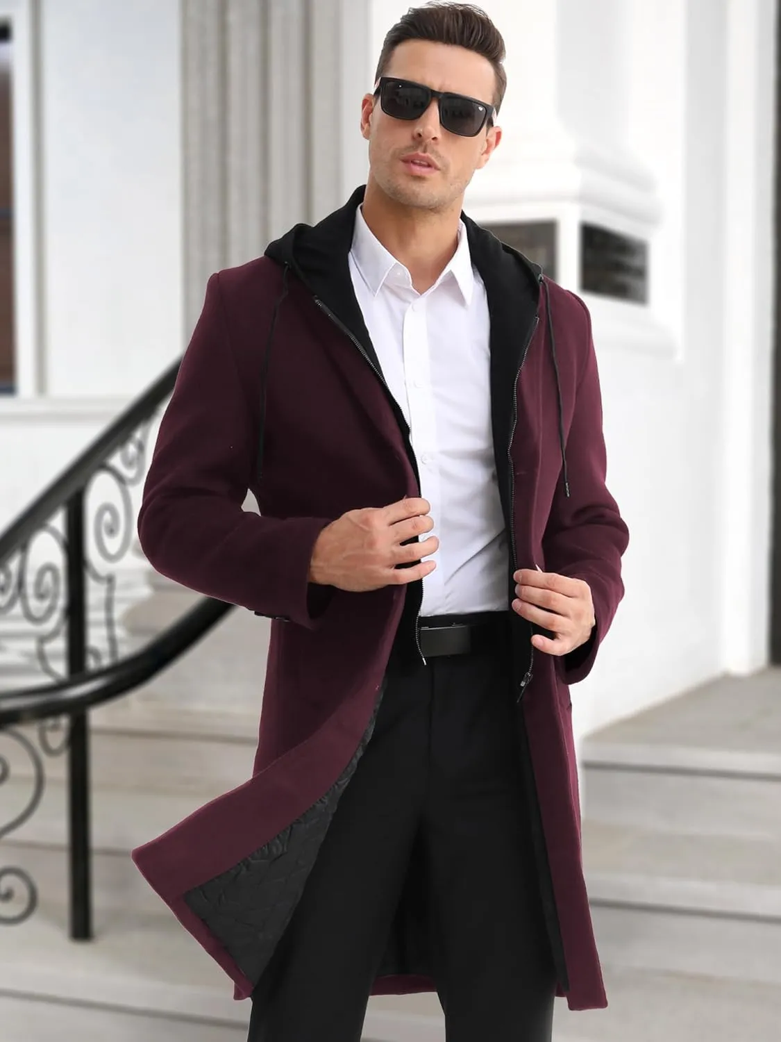 APTRO Men's Wool Trench Coat Winter Hoodie Coat Premium Business Wool Jacket