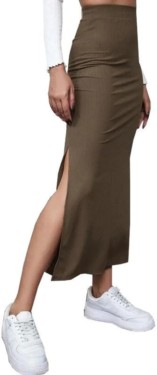Argeousgor Women Ribbed Long Skirt 2023 Autumn Elastic High Waisted Bodycon Thigh Solid Color Fall Casual Party Pencil Skirt