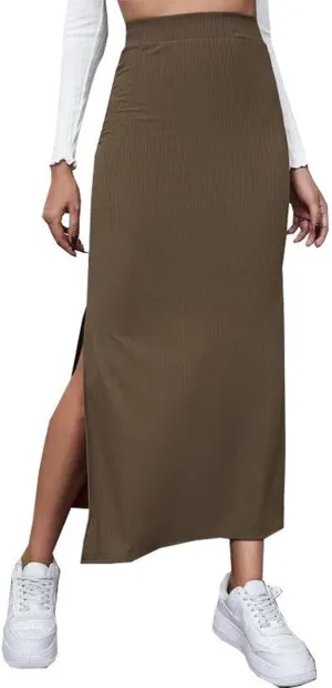 Argeousgor Women Ribbed Long Skirt 2023 Autumn Elastic High Waisted Bodycon Thigh Solid Color Fall Casual Party Pencil Skirt