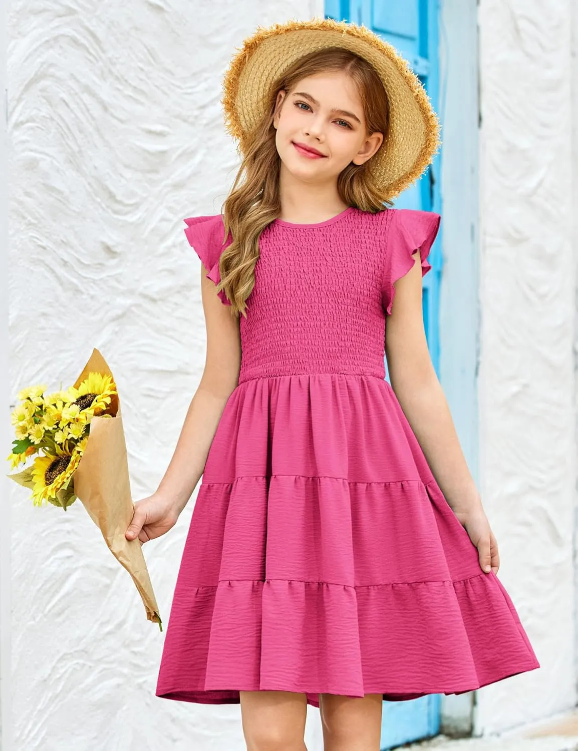 Arshiner Girls Dress Summer Ruffle Sleeve Smocked Tiered Casual Party Sundress with Pockets