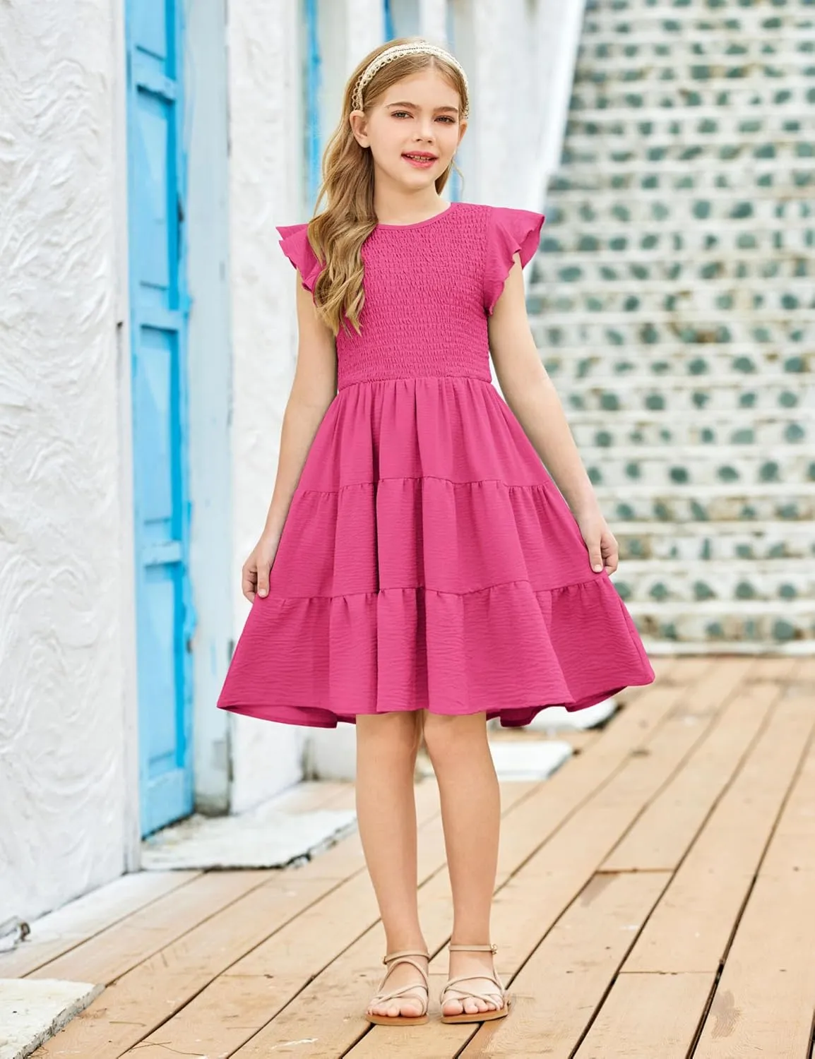 Arshiner Girls Dress Summer Ruffle Sleeve Smocked Tiered Casual Party Sundress with Pockets