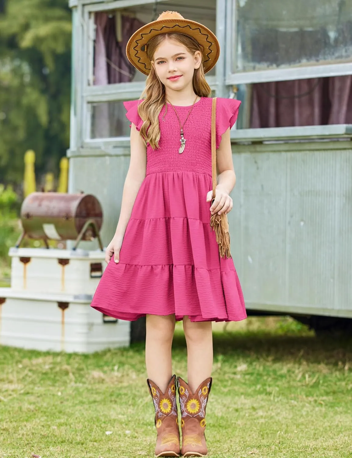 Arshiner Girls Dress Summer Ruffle Sleeve Smocked Tiered Casual Party Sundress with Pockets