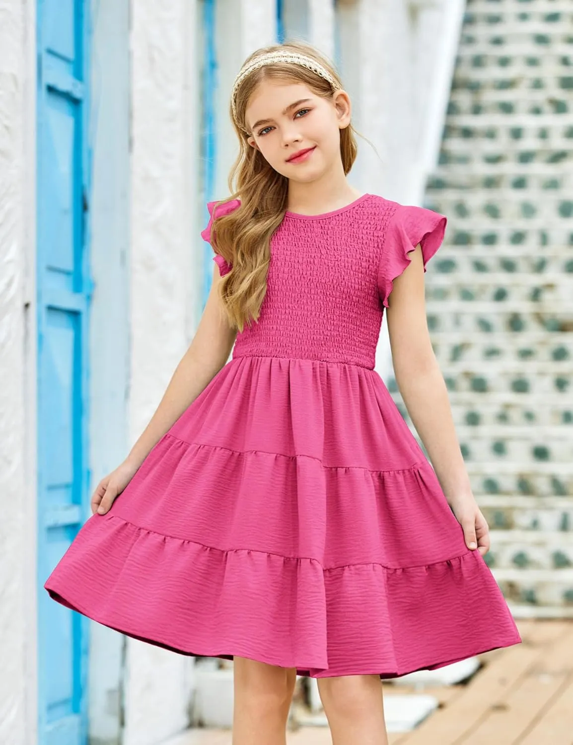 Arshiner Girls Dress Summer Ruffle Sleeve Smocked Tiered Casual Party Sundress with Pockets