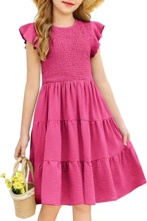 Arshiner Girls Dress Summer Ruffle Sleeve Smocked Tiered Casual Party Sundress with Pockets