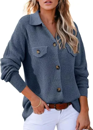 Astylish Women Waffle Knit Shacket Jacket Casual Long Sleeve Sweater Button Down Shirts Dressy Blouse Tops