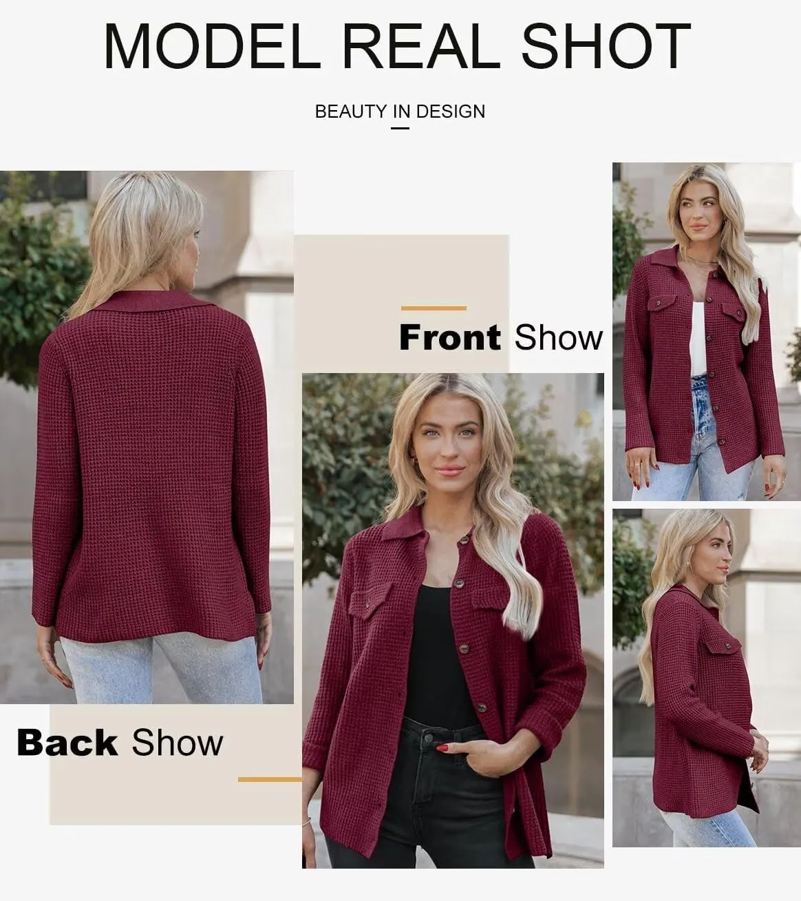 Astylish Women Waffle Knit Shacket Jacket Casual Long Sleeve Sweater Button Down Shirts Dressy Blouse Tops