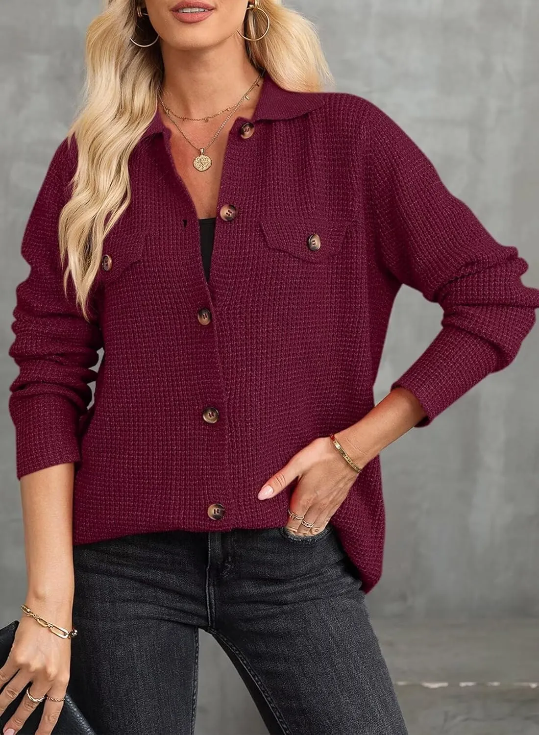 Astylish Women Waffle Knit Shacket Jacket Casual Long Sleeve Sweater Button Down Shirts Dressy Blouse Tops