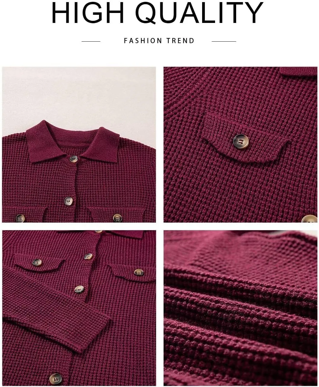 Astylish Women Waffle Knit Shacket Jacket Casual Long Sleeve Sweater Button Down Shirts Dressy Blouse Tops