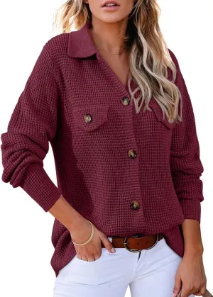 Astylish Women Waffle Knit Shacket Jacket Casual Long Sleeve Sweater Button Down Shirts Dressy Blouse Tops