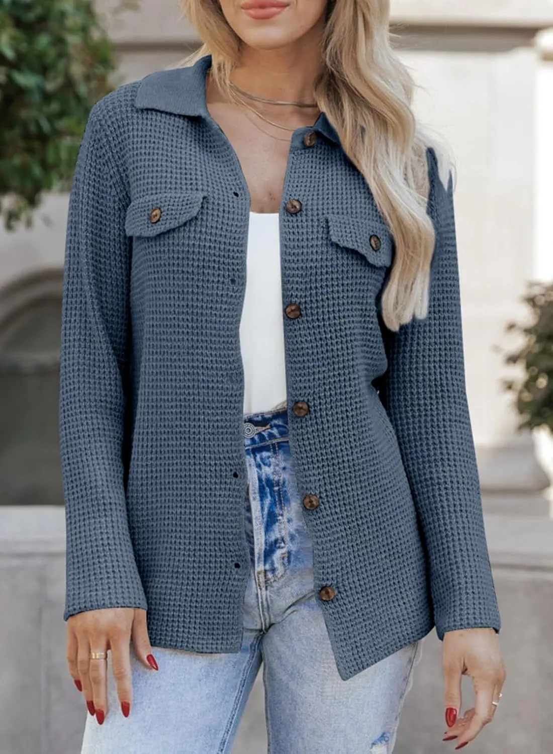 Astylish Women Waffle Knit Shacket Jacket Casual Long Sleeve Sweater Button Down Shirts Dressy Blouse Tops
