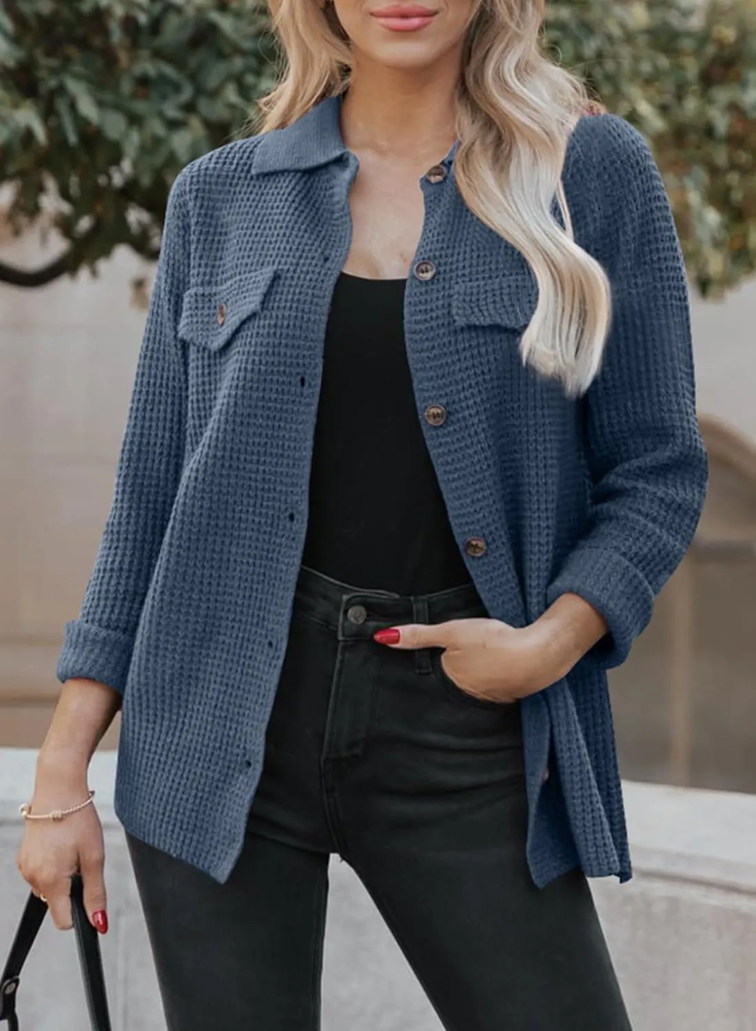 Astylish Women Waffle Knit Shacket Jacket Casual Long Sleeve Sweater Button Down Shirts Dressy Blouse Tops