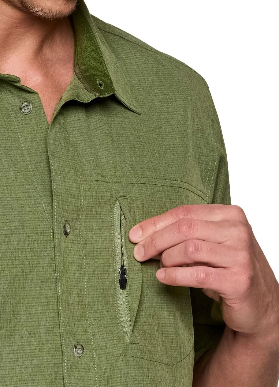 Avalanche Hiking Shirt for Men, Short Sleeve Heathered Stripe Quick Drying Woven Collared Button-Up Shirt, Zipper Pocket