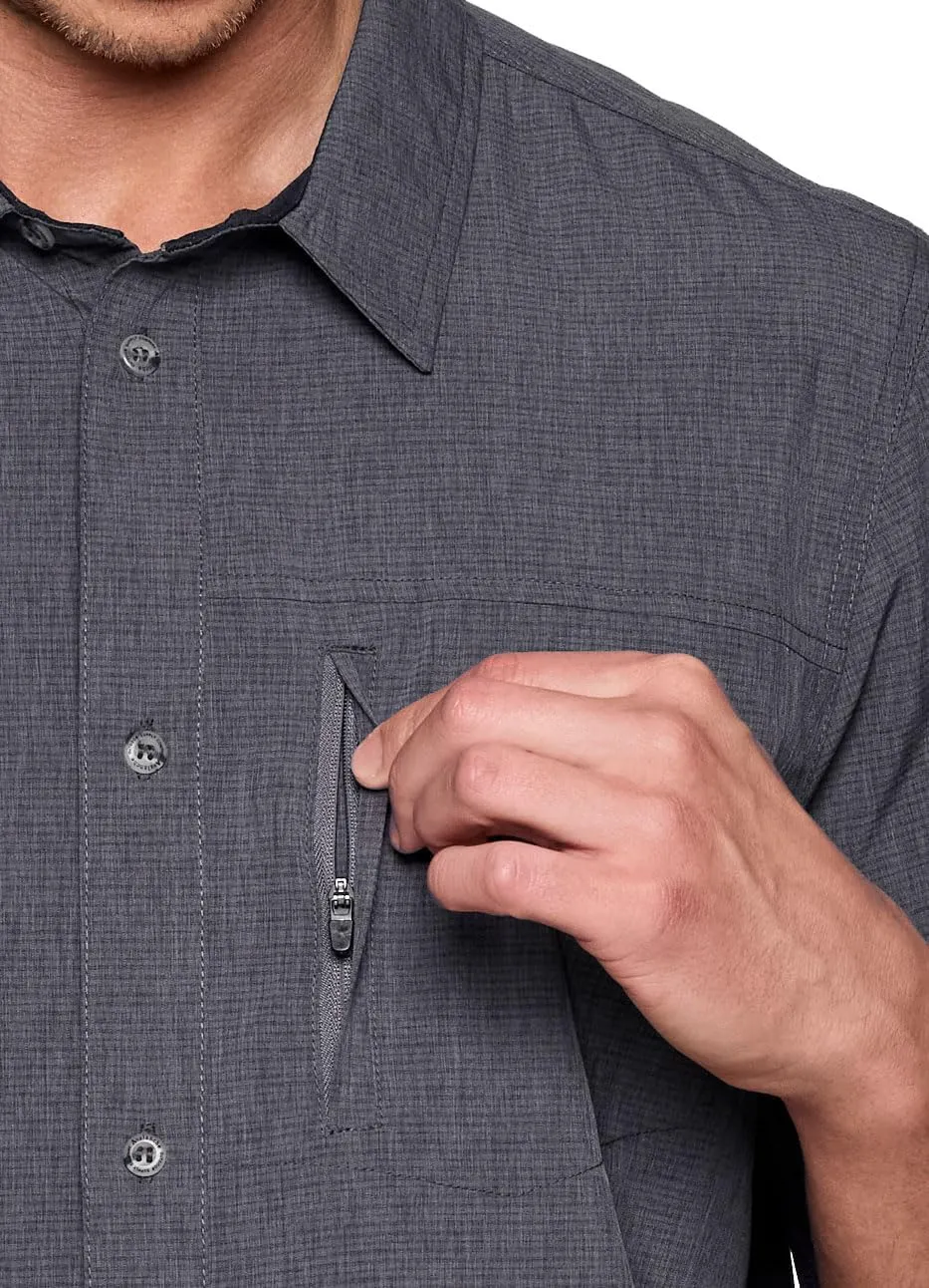 Avalanche Hiking Shirt for Men, Short Sleeve Heathered Stripe Quick Drying Woven Collared Button-Up Shirt, Zipper Pocket