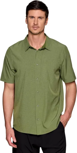 Avalanche Hiking Shirt for Men, Short Sleeve Heathered Stripe Quick Drying Woven Collared Button-Up Shirt, Zipper Pocket