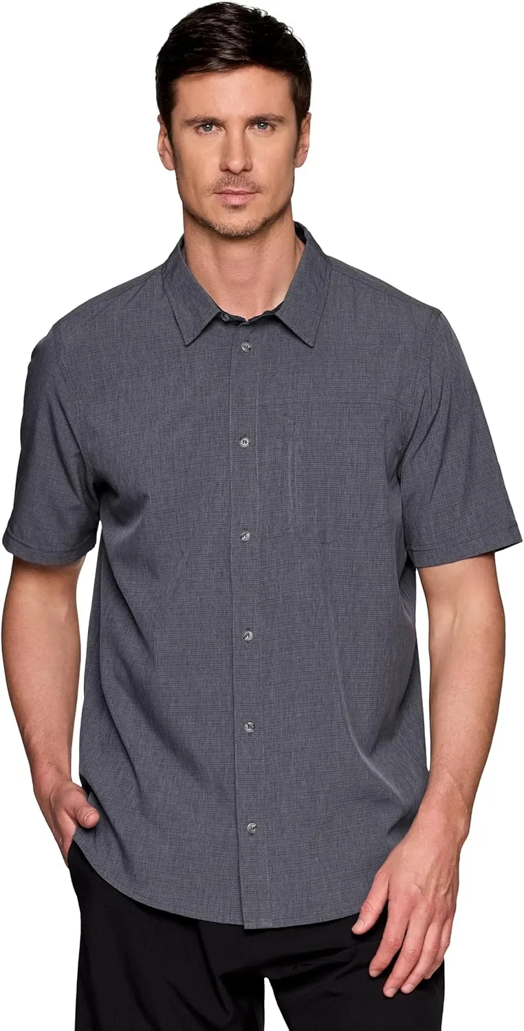 Avalanche Hiking Shirt for Men, Short Sleeve Heathered Stripe Quick Drying Woven Collared Button-Up Shirt, Zipper Pocket