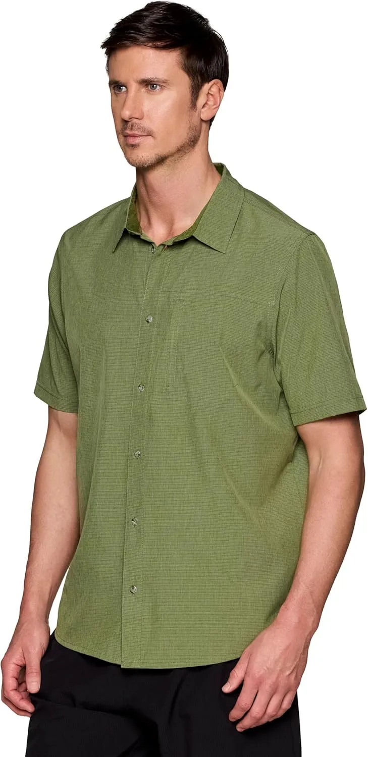 Avalanche Hiking Shirt for Men, Short Sleeve Heathered Stripe Quick Drying Woven Collared Button-Up Shirt, Zipper Pocket