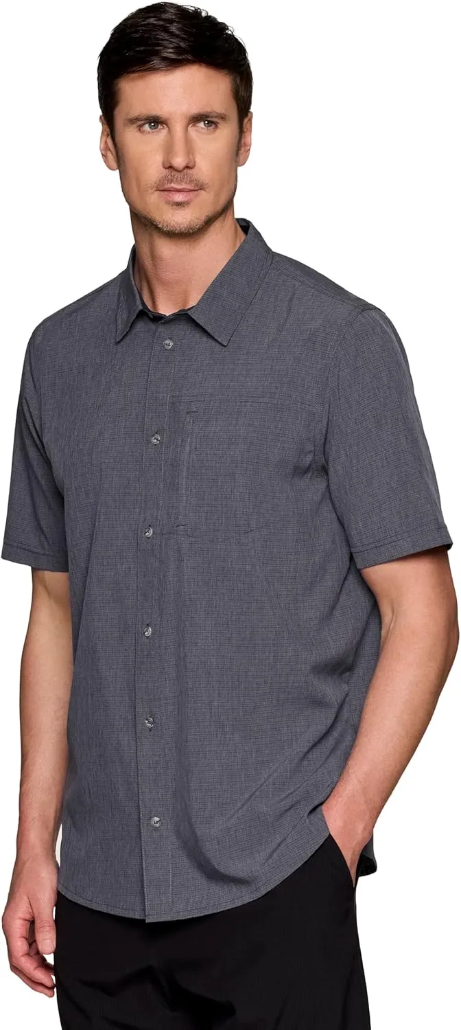 Avalanche Hiking Shirt for Men, Short Sleeve Heathered Stripe Quick Drying Woven Collared Button-Up Shirt, Zipper Pocket