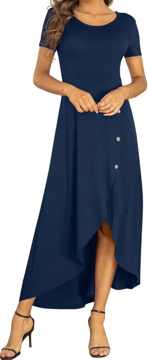 AYIFU Womens Summer Dresses High Low Slit Hem Casual Short Sleeve Maxi Dress with Buttons