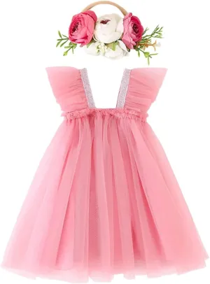Baby Girls Tulle Tutu Sleeveless Backless Dress with Flower Headband Birthday Party Princess Summer Beach Sundress Skirt Set