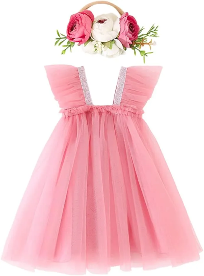Baby Girls Tulle Tutu Sleeveless Backless Dress with Flower Headband Birthday Party Princess Summer Beach Sundress Skirt Set