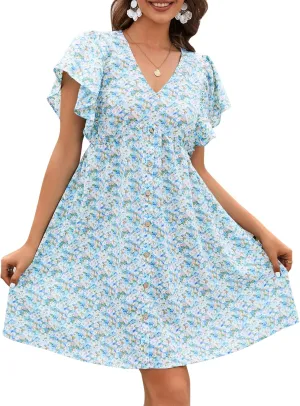 Babydoll Dress Floral Maternity Summer Flowy Ruffle Sleeve V Neck Boho Beach Swing Casual Vacation Knee Length Loose Dresses for Women Blue Flowers XL