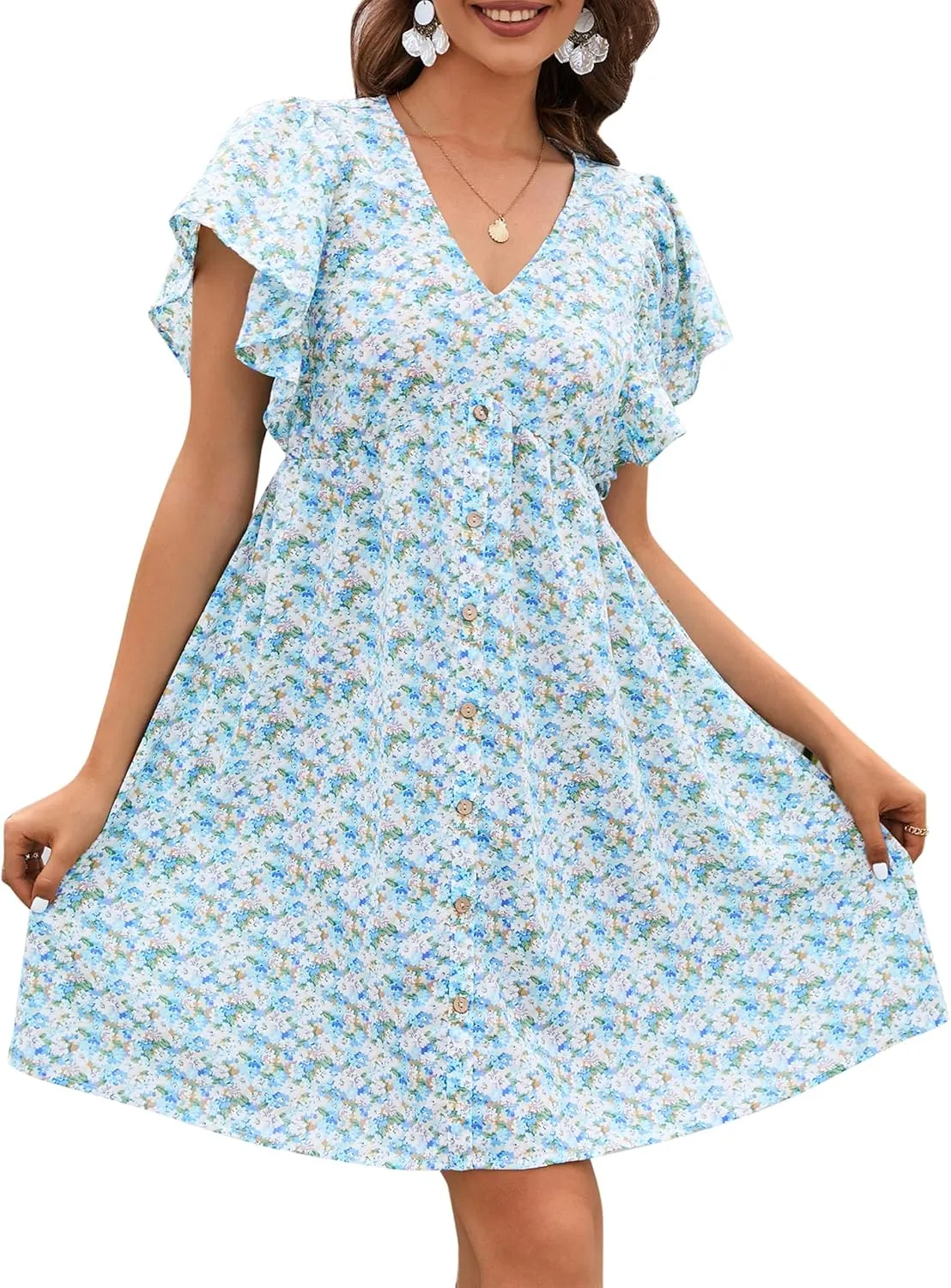 Babydoll Dress Floral Maternity Summer Flowy Ruffle Sleeve V Neck Boho Beach Swing Casual Vacation Knee Length Loose Dresses for Women Blue Flowers XL