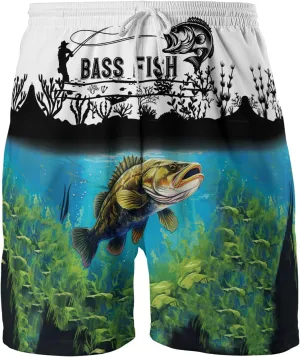Bass Fish Mens Swim Trunks - Beach Hawaiian Mens Shorts Casual - Summer Drawstring Beachwear Shorts PA33