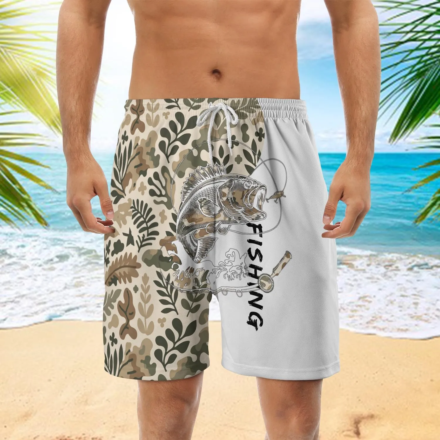 Bass Fish Mens Swim Trunks - Beach Hawaiian Mens Shorts Casual - Summer Drawstring Beachwear Shorts PA33