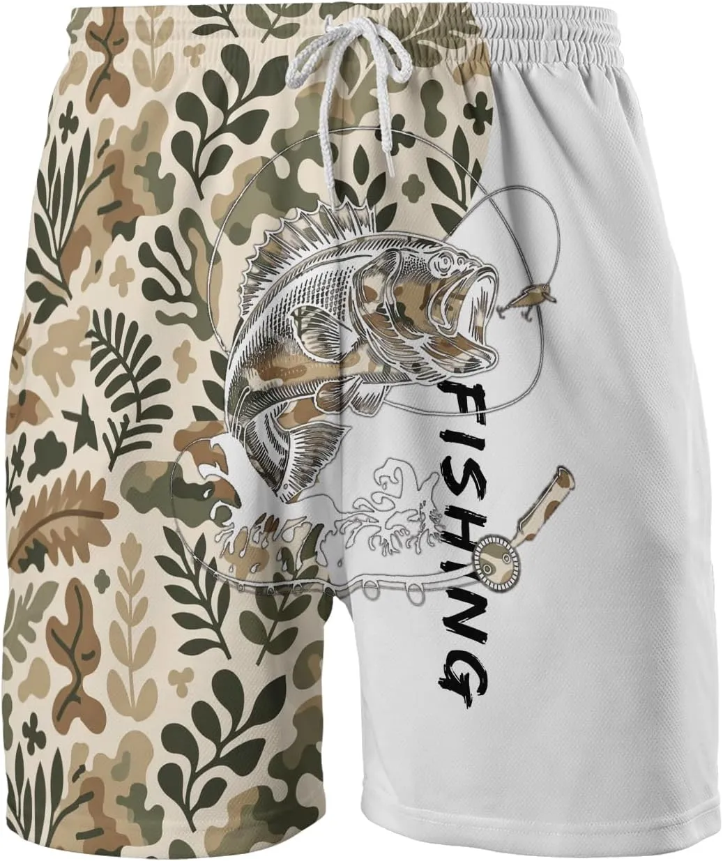 Bass Fish Mens Swim Trunks - Beach Hawaiian Mens Shorts Casual - Summer Drawstring Beachwear Shorts PA33