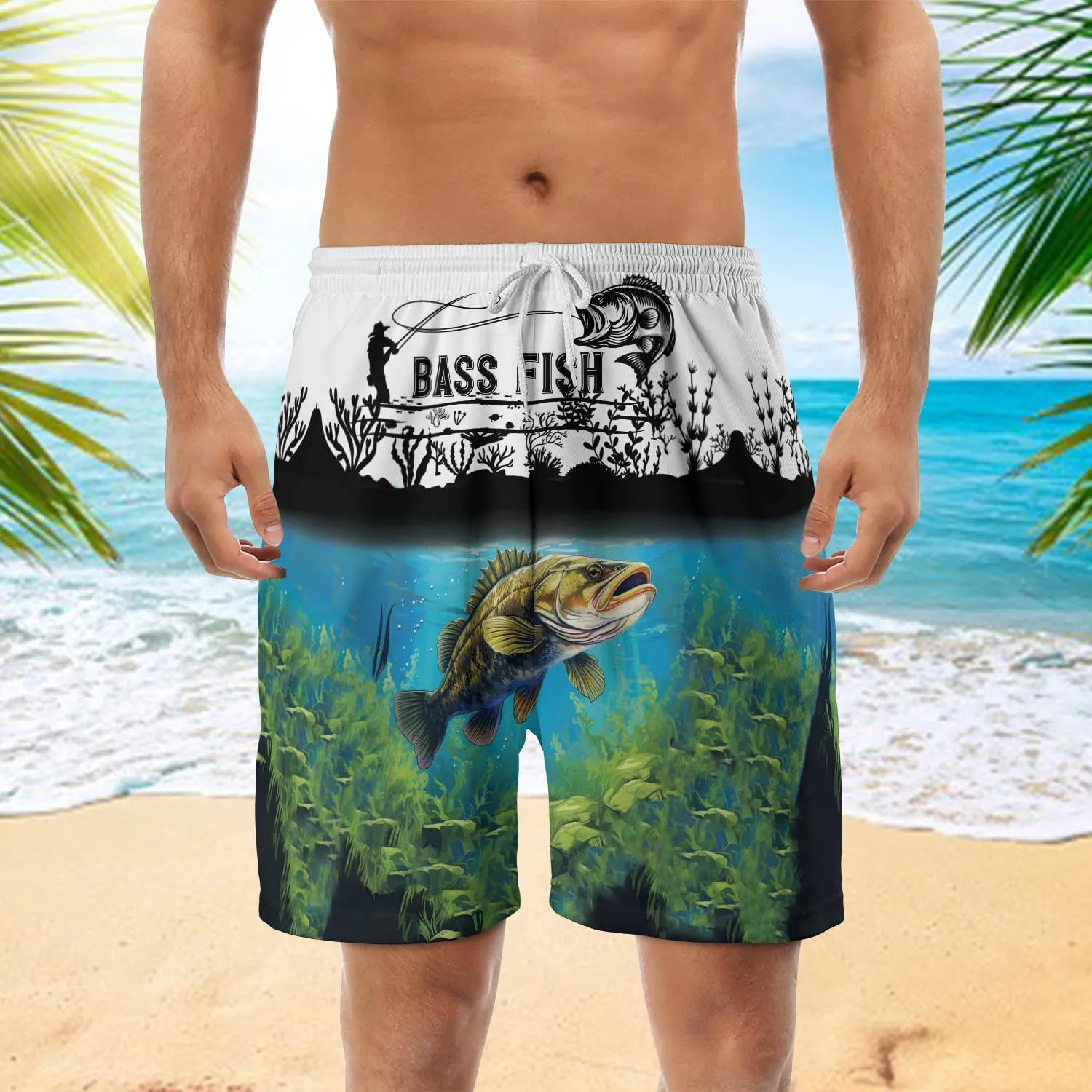 Bass Fish Mens Swim Trunks - Beach Hawaiian Mens Shorts Casual - Summer Drawstring Beachwear Shorts PA33