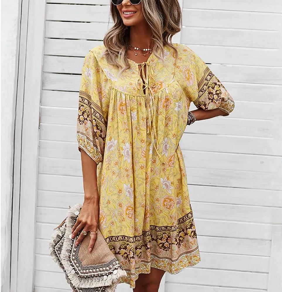 Bengbobar Women's Short Sleeve Floral Print Retro V Neck Casual Loose Bohemian Midi Dresses