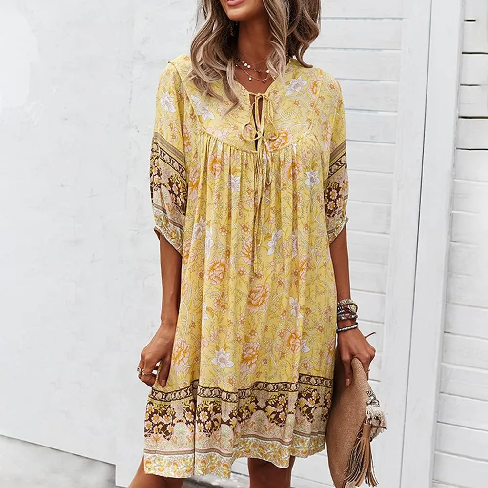 Bengbobar Women's Short Sleeve Floral Print Retro V Neck Casual Loose Bohemian Midi Dresses
