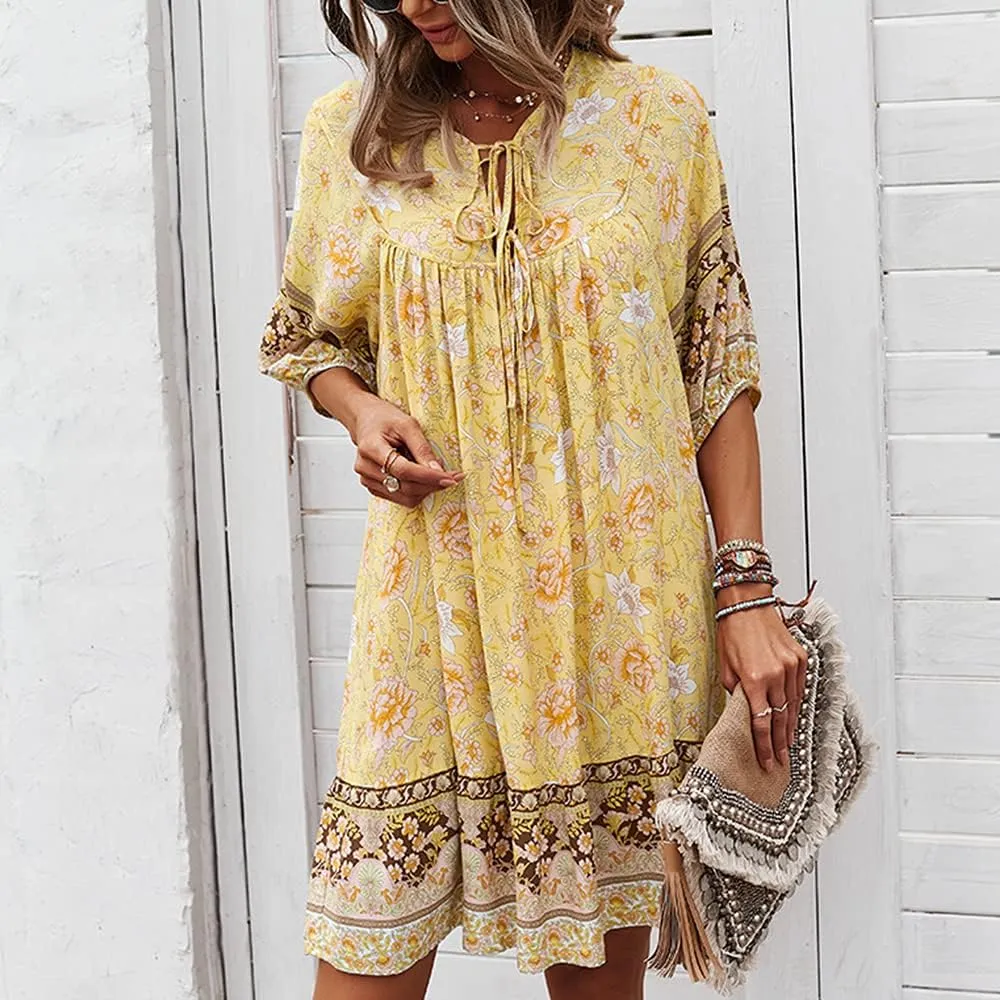 Bengbobar Women's Short Sleeve Floral Print Retro V Neck Casual Loose Bohemian Midi Dresses